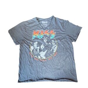 KISS Rock and Roll All Nite Graphic T-Shirt XL Faded Black Distressed V-Neck